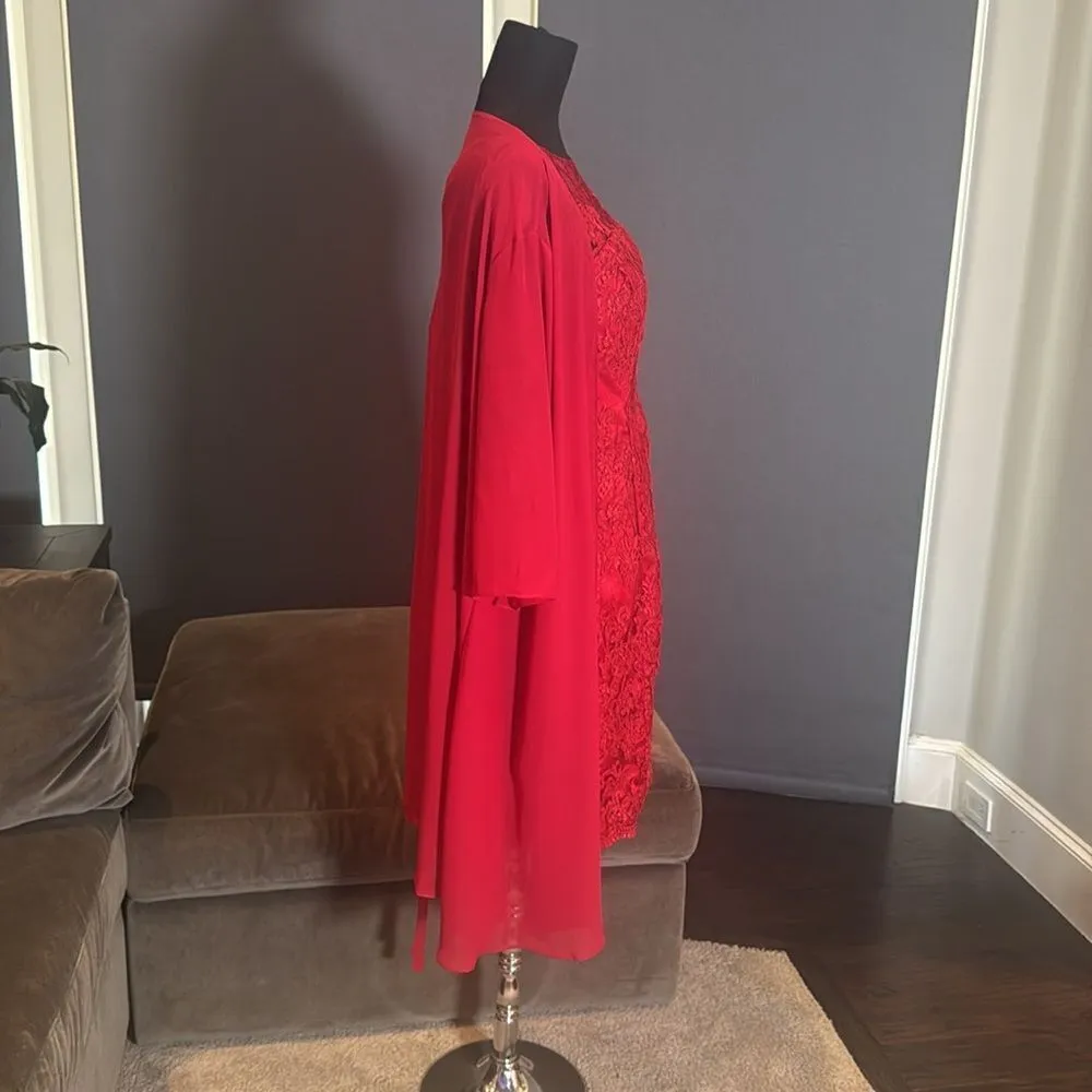 Women’s Red Tea Length Lace Appliqué Dress & Matching Chiffon Jacket Size 16 - Image 3
