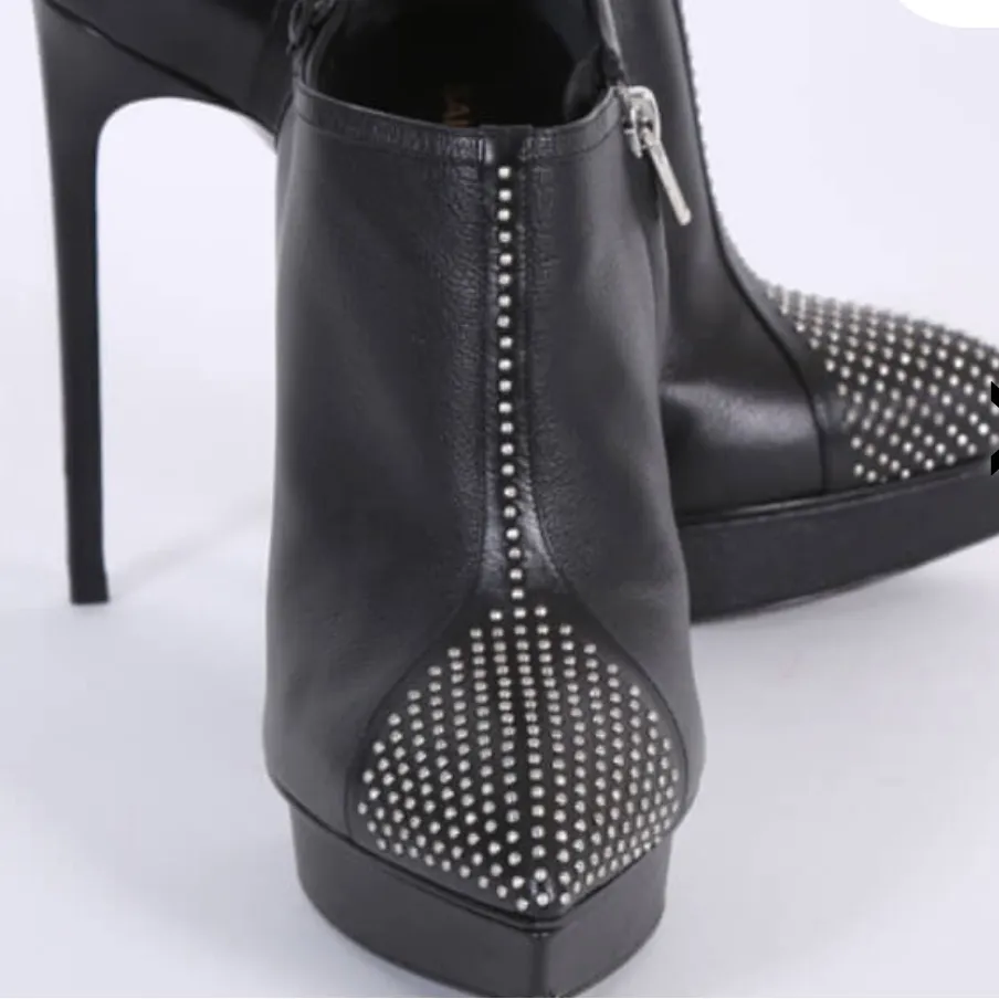 SAINT LAURENT PARIS Black Micro Studded Ankle Heel Boots - Image 10