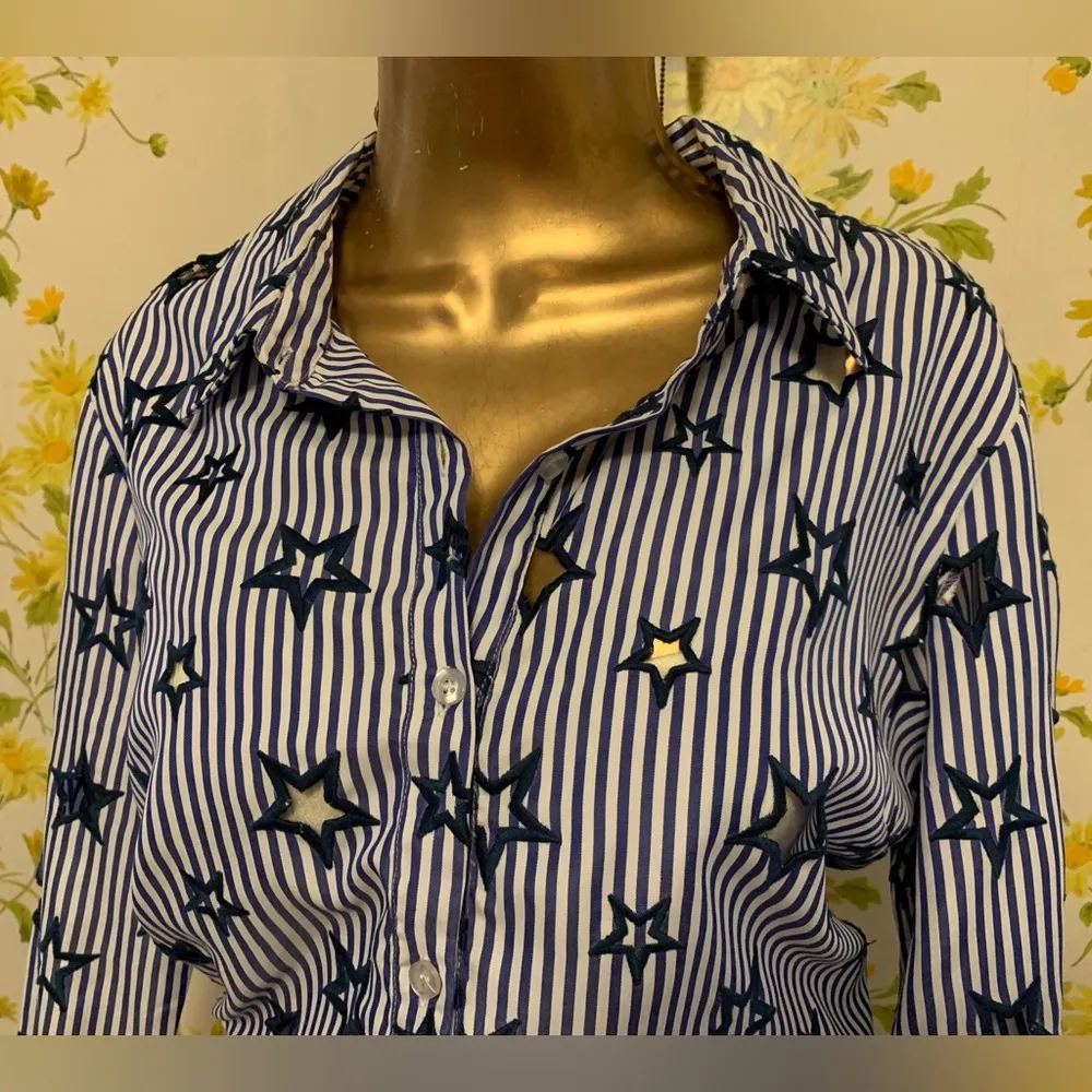 Striped Cut-Out Star Embroidery Long Sleeve Button up Shirt blue size M - Image 6