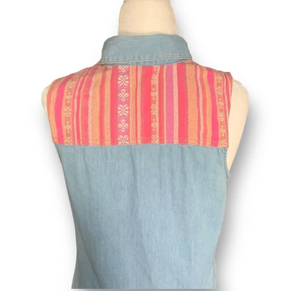 Mudd Shirt Western Style Chambray Pearl Snap Sleeveless Southwestern Detail - Image 3