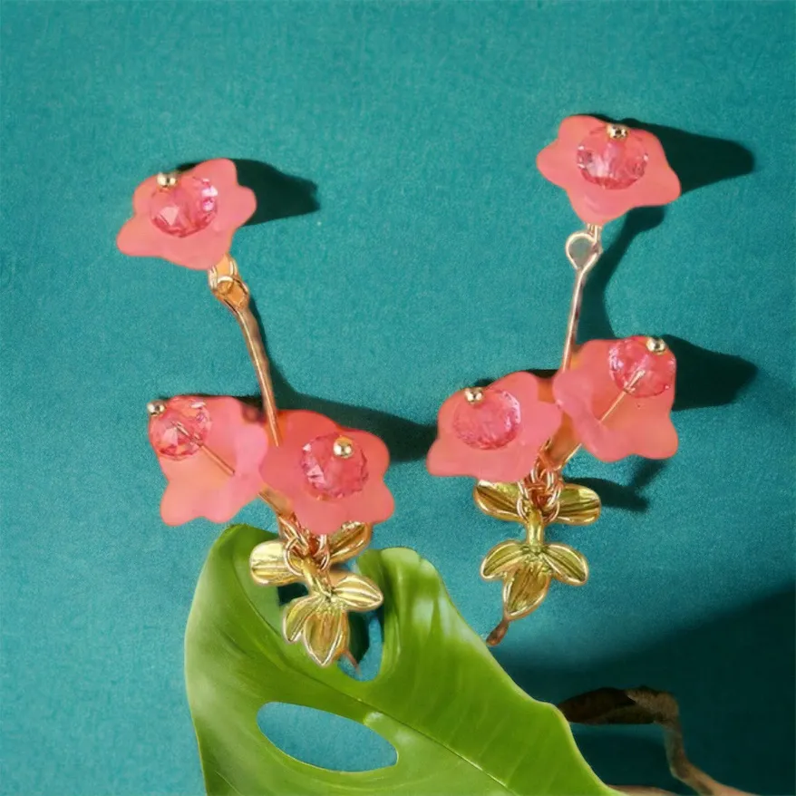 Pink Flower Pendant Elegant Dangle‎ Earrings Boho Minimalist Style Resin Jewelry Gold - Image 3