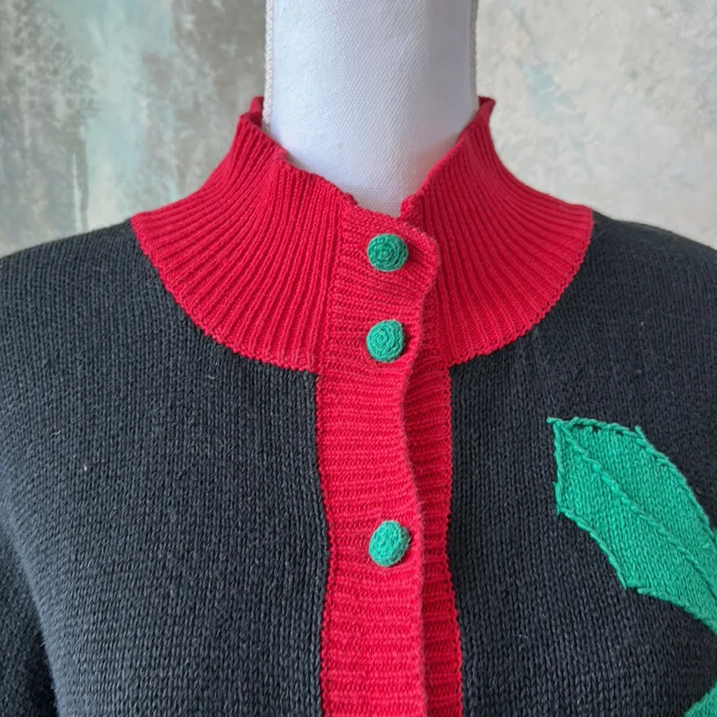 Vintage Bechamel Women’s Knitted Crochet Holiday Sweater Cardigan Size Medium Black - Image 7