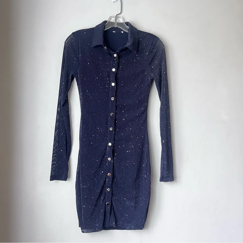 Friday Fever Navy Glitter Mesh Button Front Shirt Mini Dress 4 - Image 7