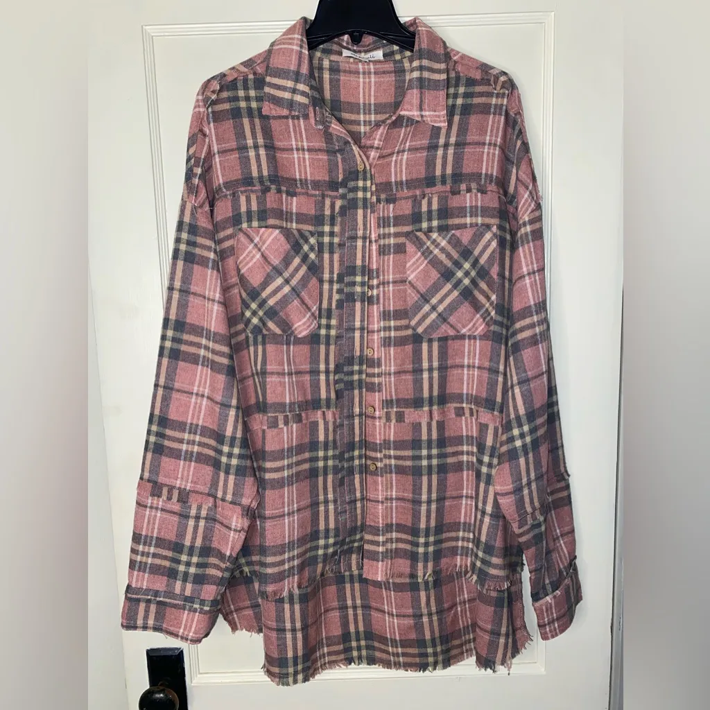 Oli & Hali Long Plaid Button Down Flannel Boho Shirt Large Pink Fringe Oversized Red - Image 2