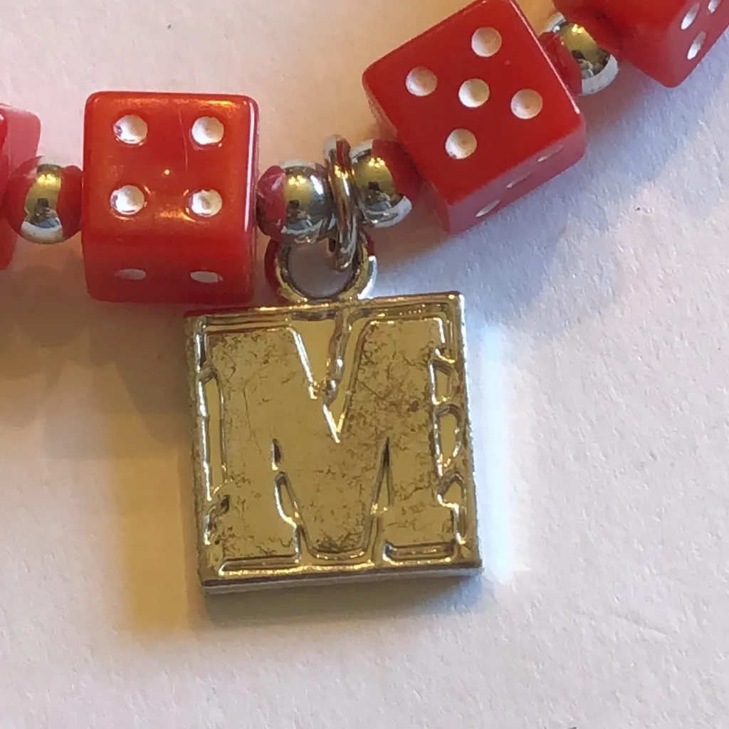 Red Boho Dice Necklace with Silver Tone Initial M Charm - Image 5