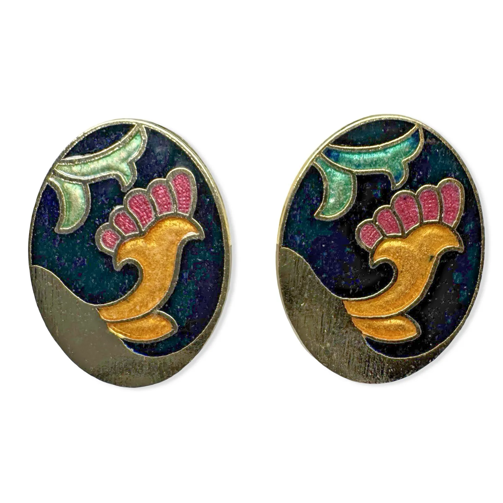 Vintage Cloisonné Clip On Earrings Floral Oval Gold Tone 1” Made Taiwan Blue - Image 3
