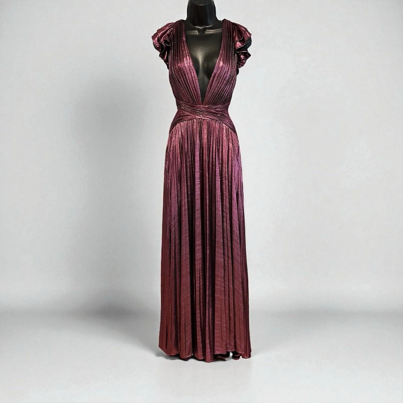 IEENA FOR MAC DUGGAL Pink Ruffle Sleeve Cutout Pleated Metallic Gown - Image 6