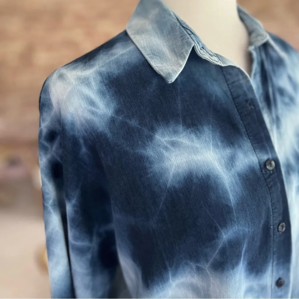 Zara Top Indigo Batik Shirt Blue Chambray Tie Dye Raw Hem High Low XS - Image 13