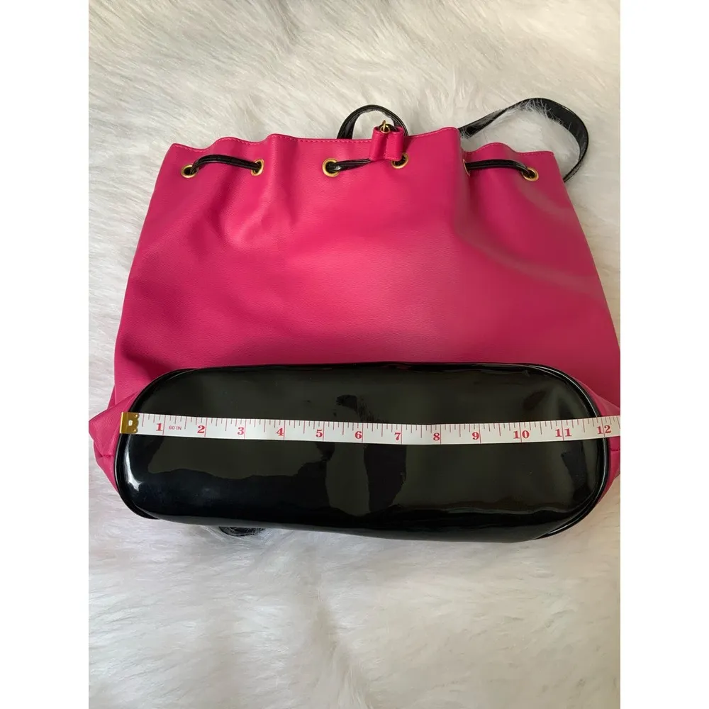 Juicy Couture Pink Black Faux Leather Bucket Drawstring Backpack Gold Accent Y2K - Image 11