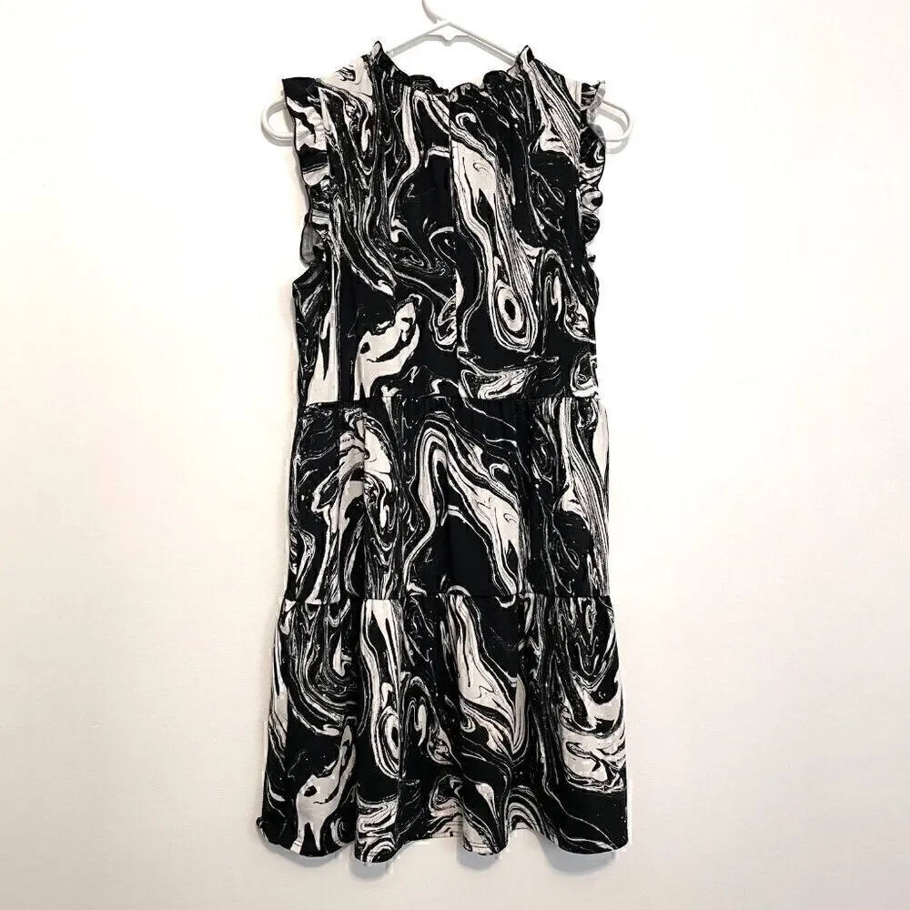 LOLA GRACE / DRY GOODS Black White Marble Swirl Geometric Sleeveless Mini Dress - Image 8