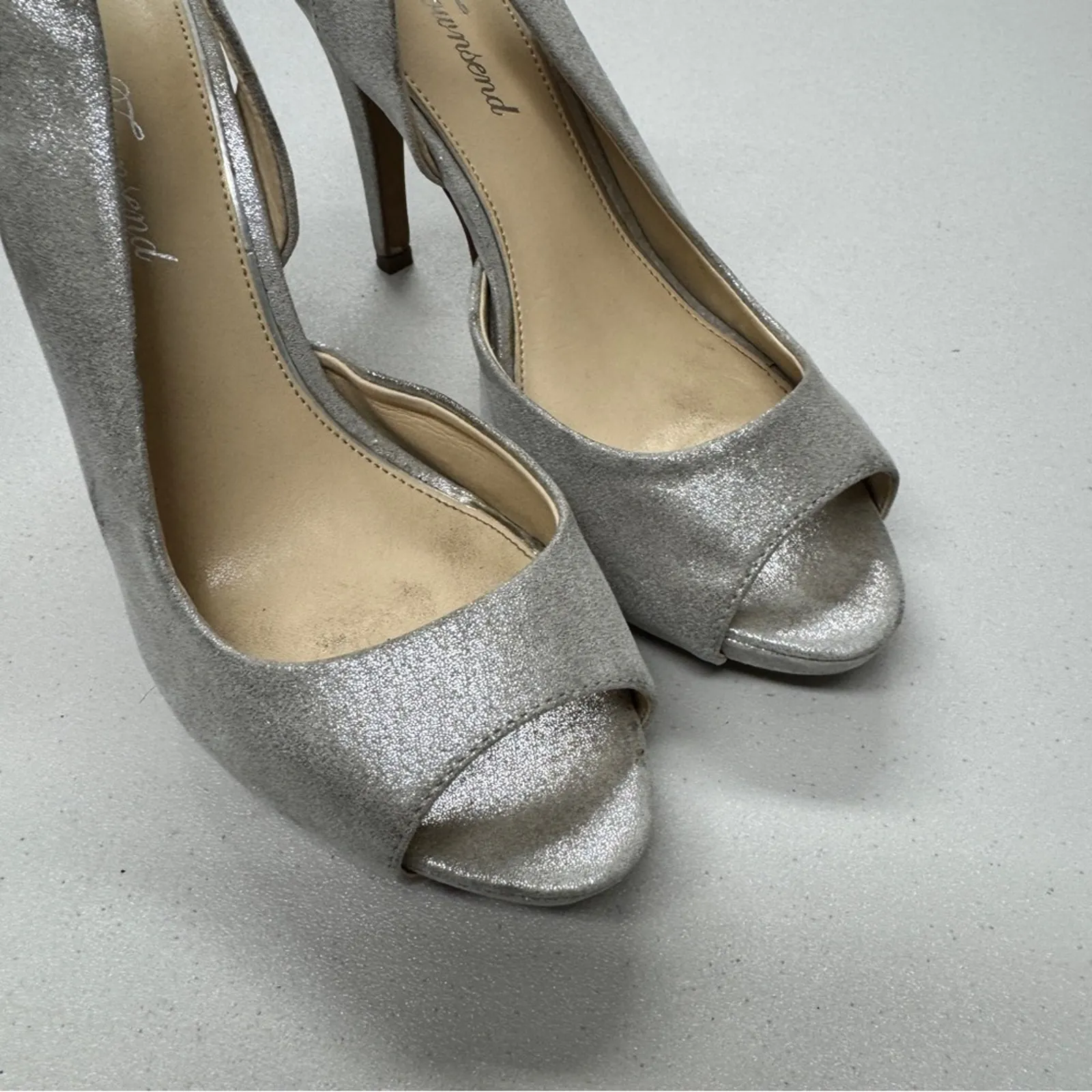 Lulu Townsend Silver Sparkle Sling Back Heels Womens 8 Peep Toe Wedding Shoes - Image 3