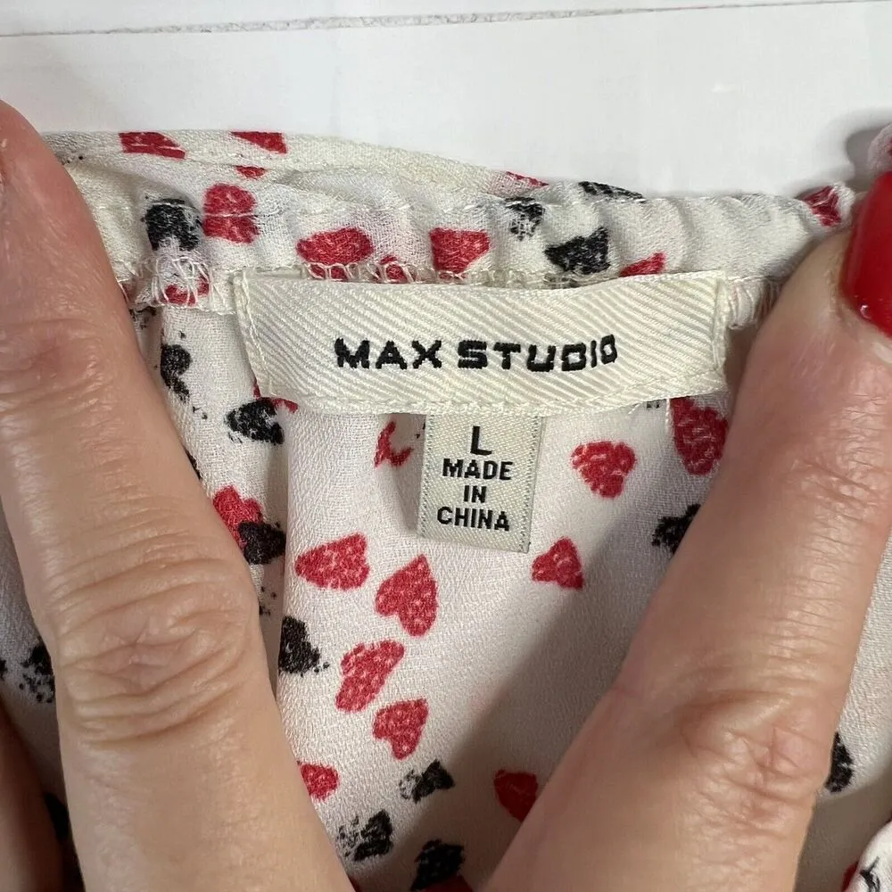 Max Studio Size L Blouse Heart Polka Dot Keyhole Tie Front Smocked Long Sleeve - Image 3