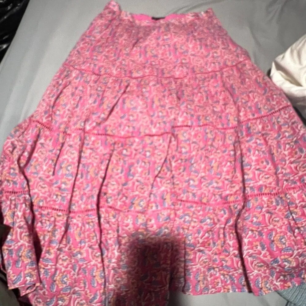 J. Crew pink floral block print tiered full lined cotton midi skirt size XS - Image 6