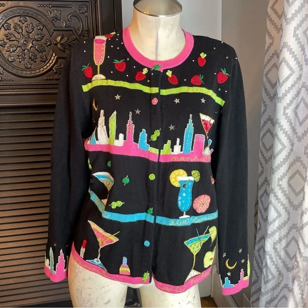 VINTAGE Berek Margarita City‎ Sweater Black Colorful Cardigan Hand Knit 90s M Size M - Image 2