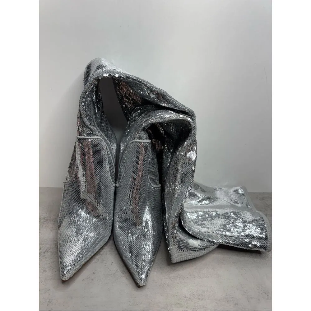 Steve Madden Over The‎ Knee Boots Size 7 Silver Sequine High Heel - Image 4