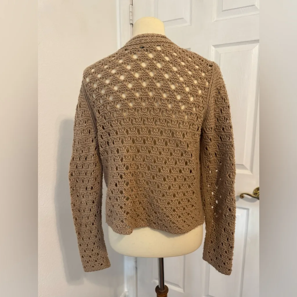 Vince Wool & Cashmere Crochet Cardigan Open Knit V Neck Light Amber Size Small - Image 3