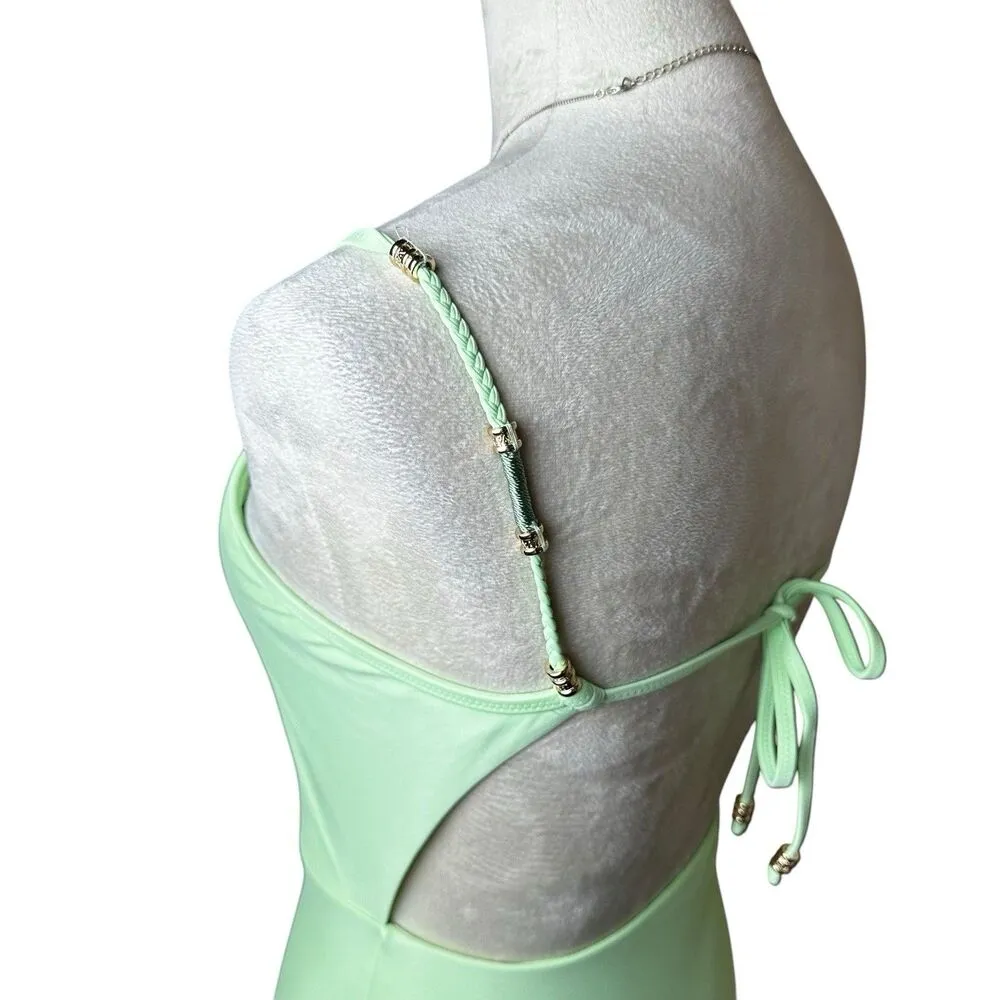 Aerie Pistachio Green One Piece Beaded Open Back Swimsuit Small Beach Vacation - Image 6