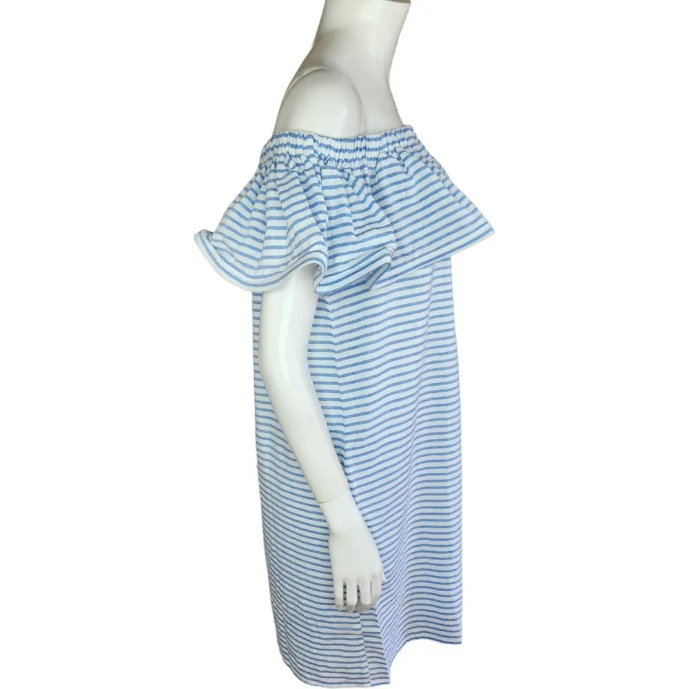 Revolve Line & Dot Dress Womens Large Lea Blue White Stripe Off Shoulder Ruffle - Image 85