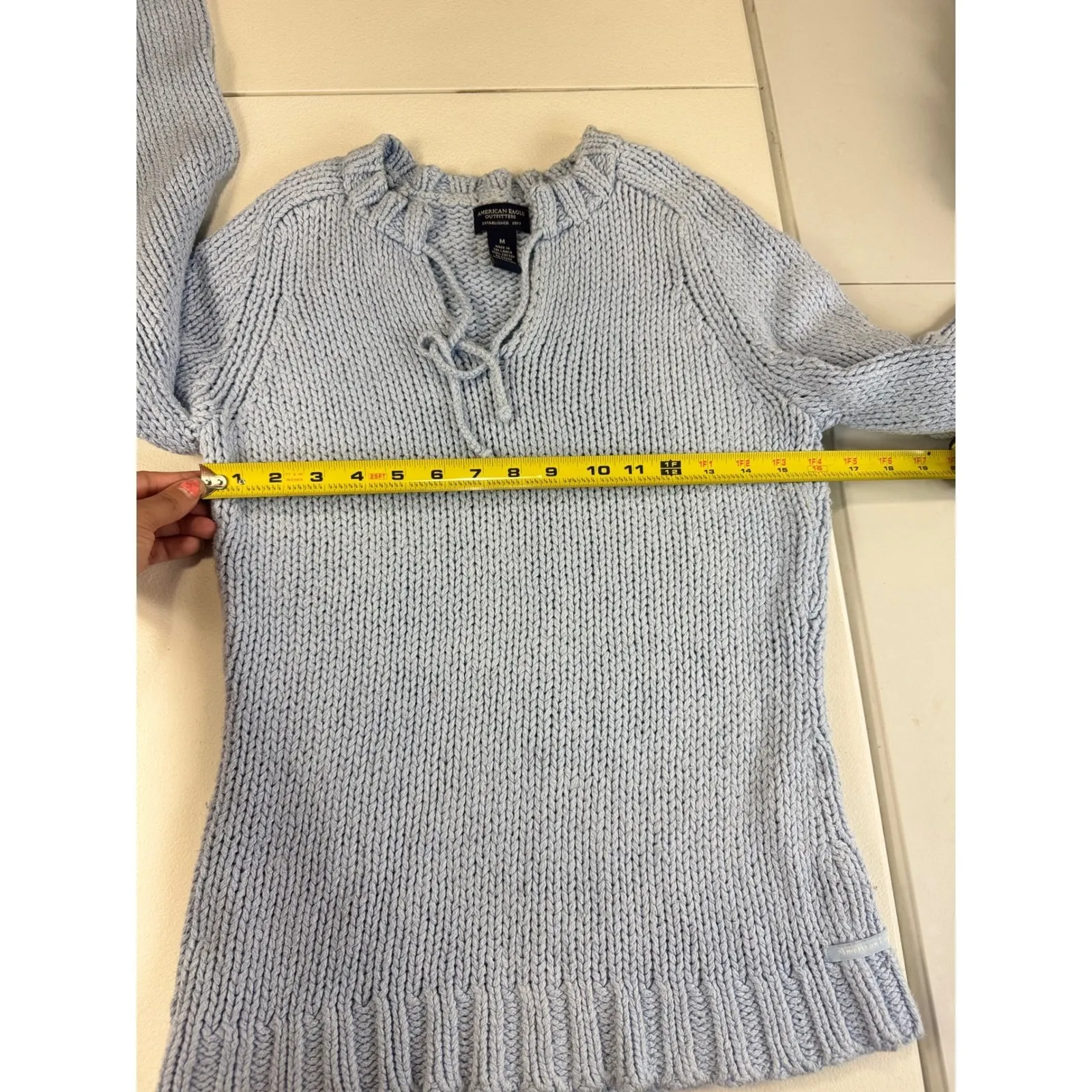 American‎ Eagle Outfitters Blue Knit Sweater Top with Tie Detail M cotton - Image 5