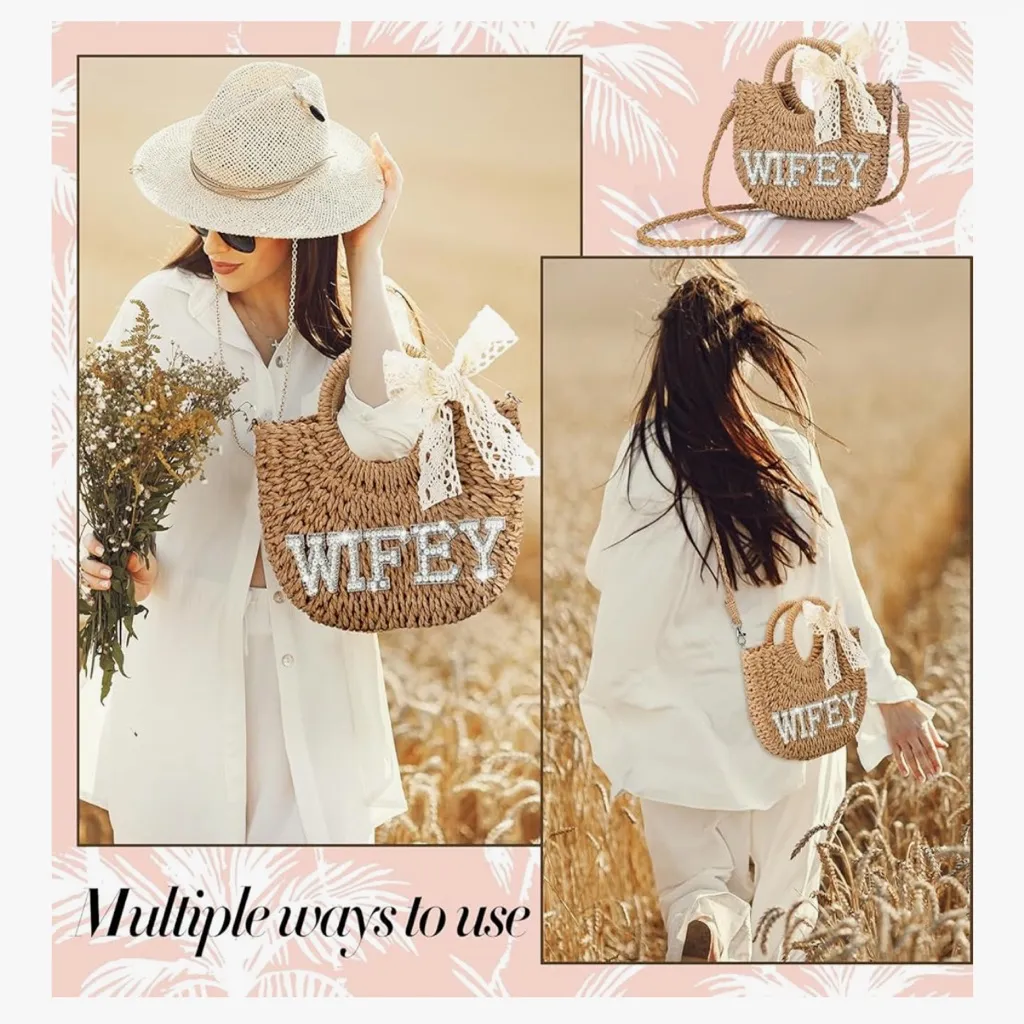 Straw Wifey Bag with Lace Bow Tan - Image 2
