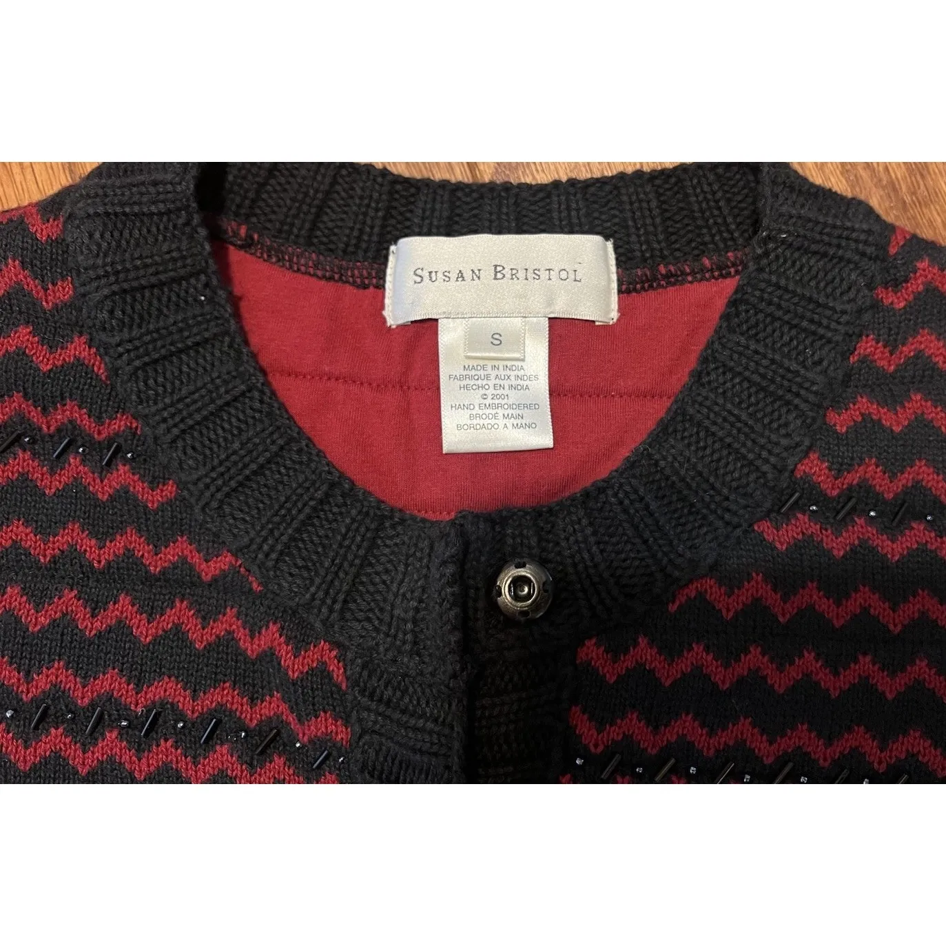 Susan Bristol Red And Black Button up 100% Cotton Quilted Lined Cardigan Sz S - Image 5