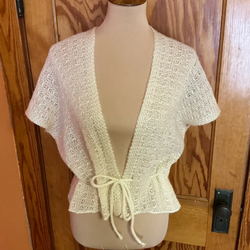 Vintage Cream Crochet Knit Tie Front Cover Up | 70s Boho Sheer cardigan - Image 5