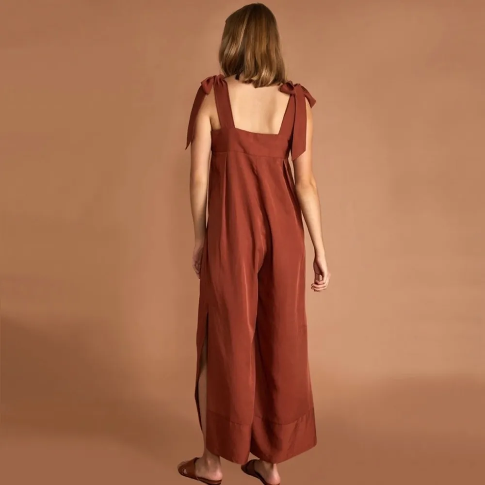 SANCIA The Label Thalita Jumpsuit Romper Shoulder Tie Front Leg SplitRust Medium Brown - Image 2