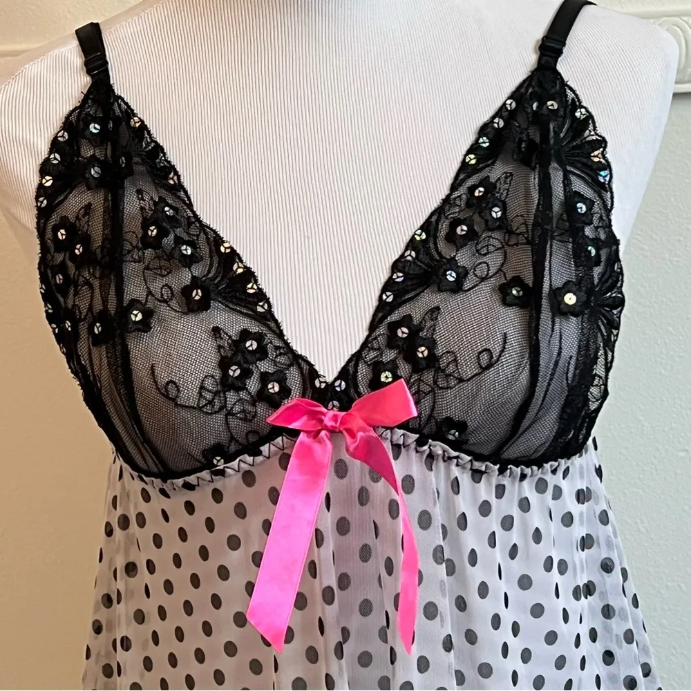 White black polka dot babydoll lingerie size large sequins sheer lace - Image 4