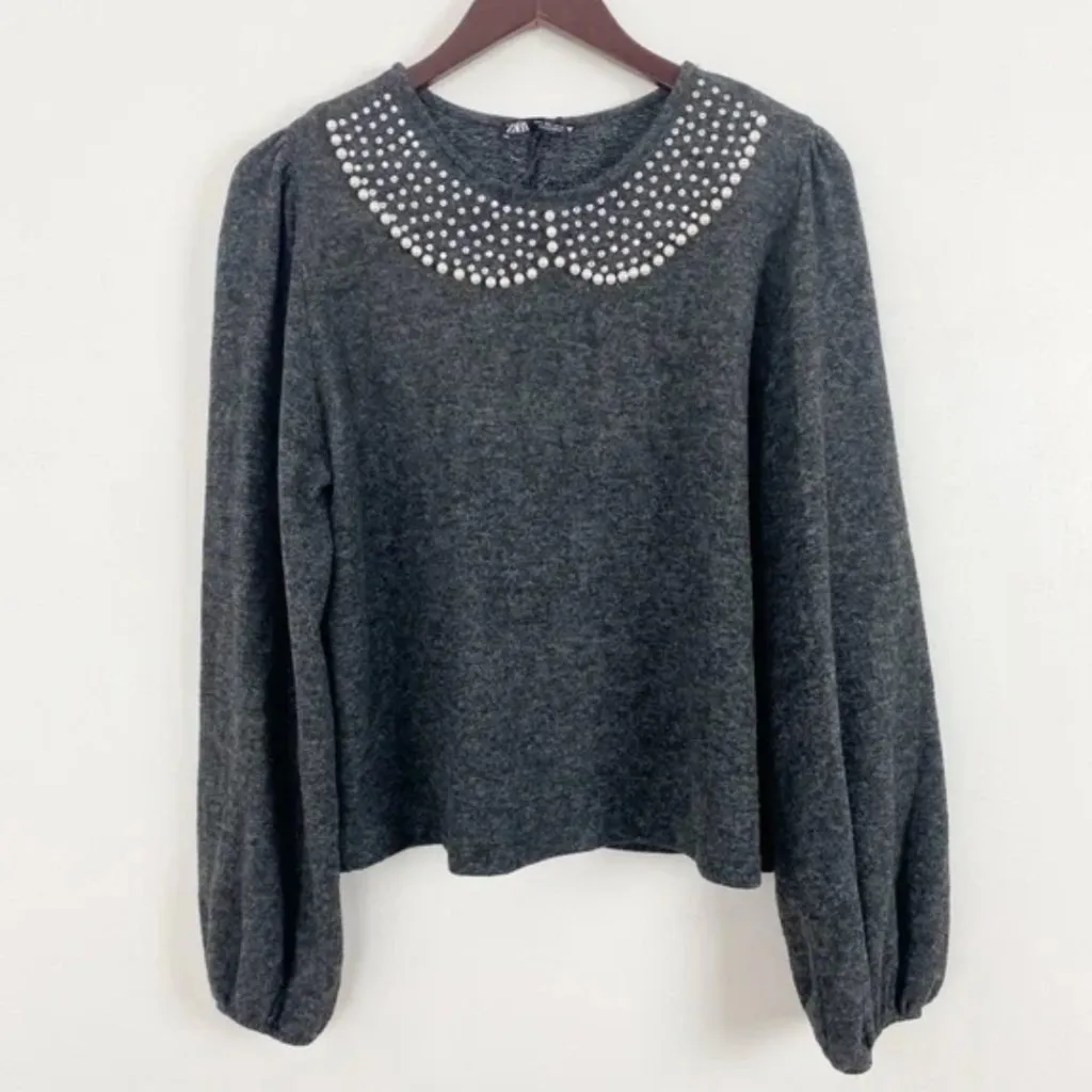ZARA Sweater L Embellished Peter Pan Collar Pearl Rhinestone Crewneck Gray - Image 4