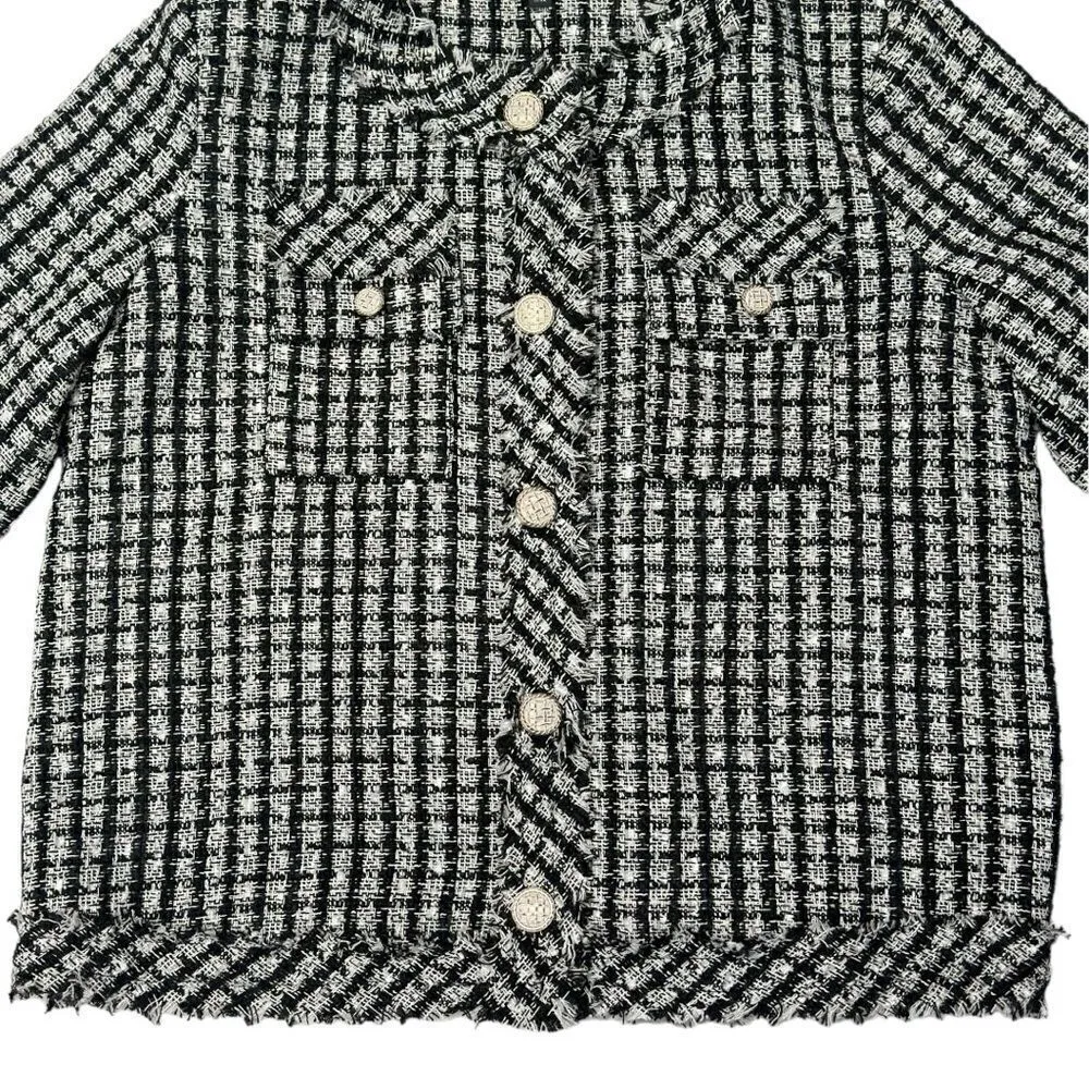 Adrianna Papell Black & White Crew Neck Long-Sleeve Tweed Blazer Size Small - Image 5