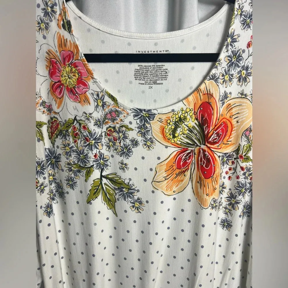 Investments Essential Floral Blouse Women Size 2X Floral 3/4 Sleeve Polkadot - Image 2