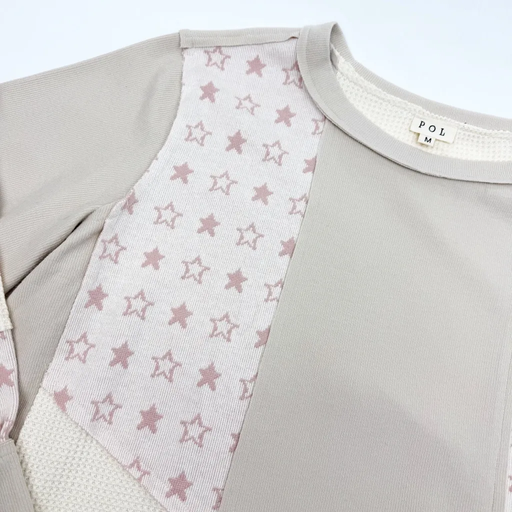 POL Oversized Patchwork Star Crewneck Pullover Long Sleeve Thermal Blush Ivory - Image 7