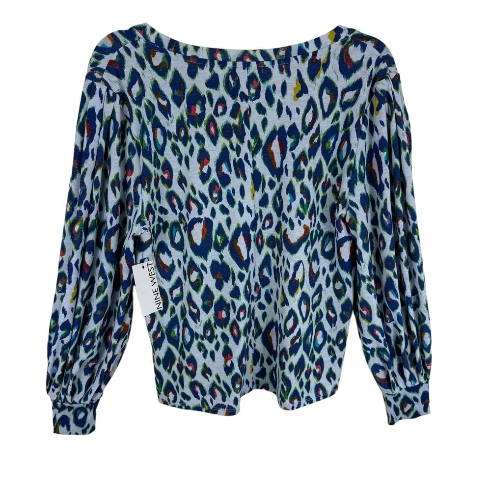 Nine West NWT Colorful Leopard Print Long Sleeve Round Neck Lightweight Blouse M - Image 4