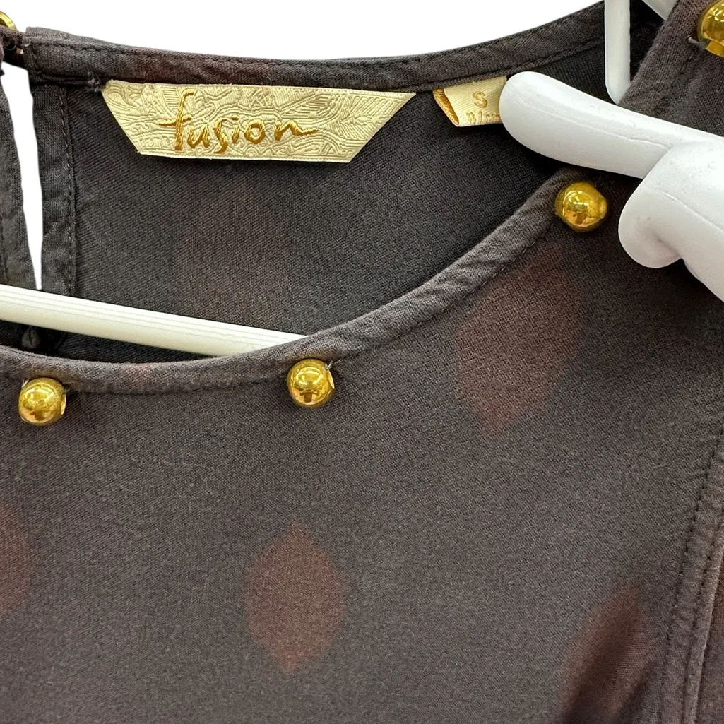 Fusion Viscose Gray with Gold Tassels and Beads Short Cap Sleeve Dress Sz Small - Image 10