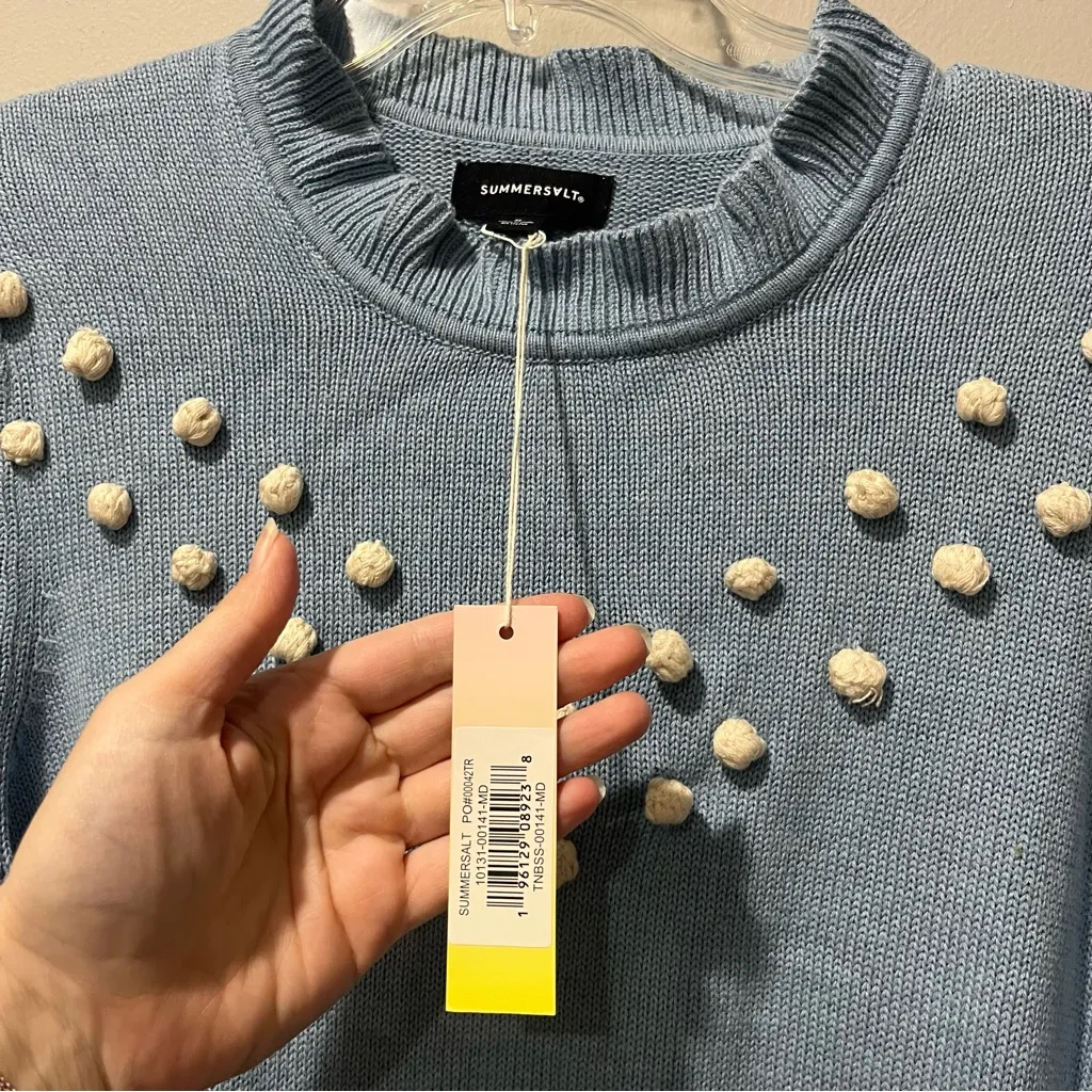 SUMMERSALT Year Round Balloon Sleeve Pom Pom Sweater Top Blue Medium NWT $125 - Image 6