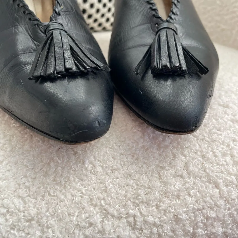 Vintage High Cut Black Leather Tassel Whipstitch Heels Shoes 9.5 - Image 4