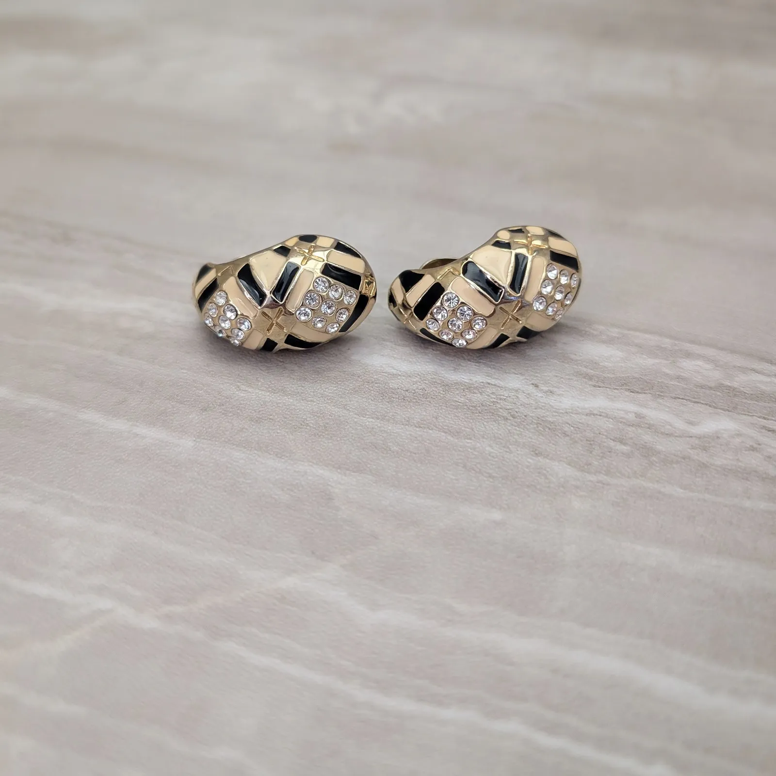 Vintage Clip On Earrings Chunky Gold Tone, Clear Gems, Black & Cream Enamel - Image 3