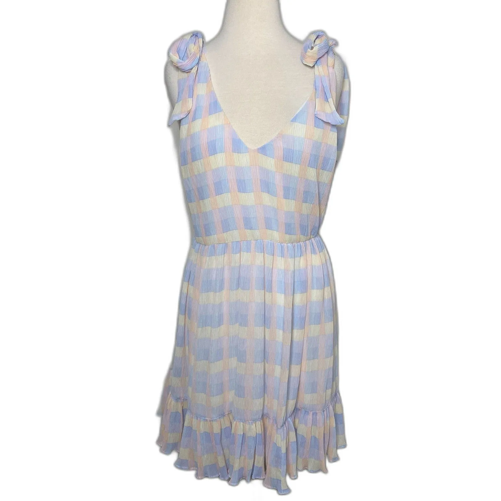 Meet Me in Santorini Pastel Check Dress Tie Straps Lined Mini Cottagecore Sz S Pink - Image 2