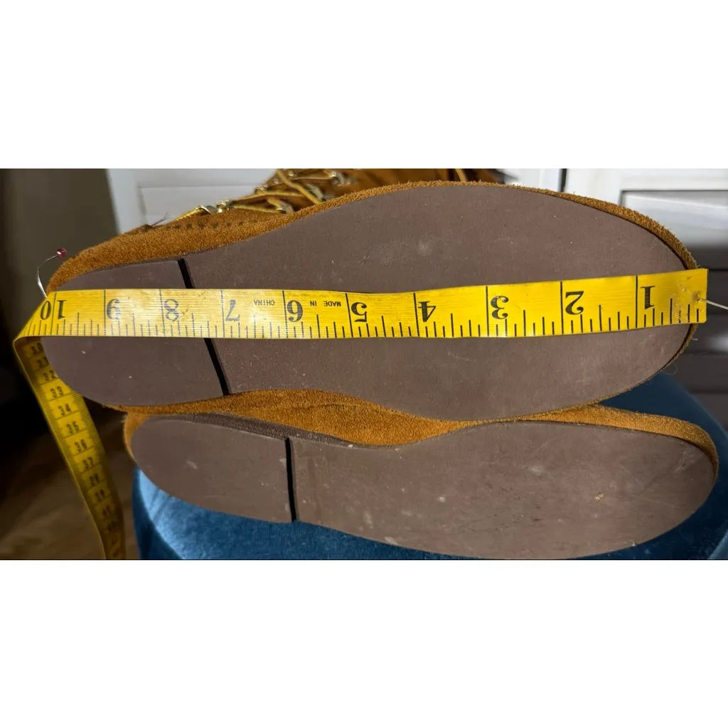 Vintage 70s Moccasin suede leather brown boots lace up knee high fringes sz 9 - Image 11