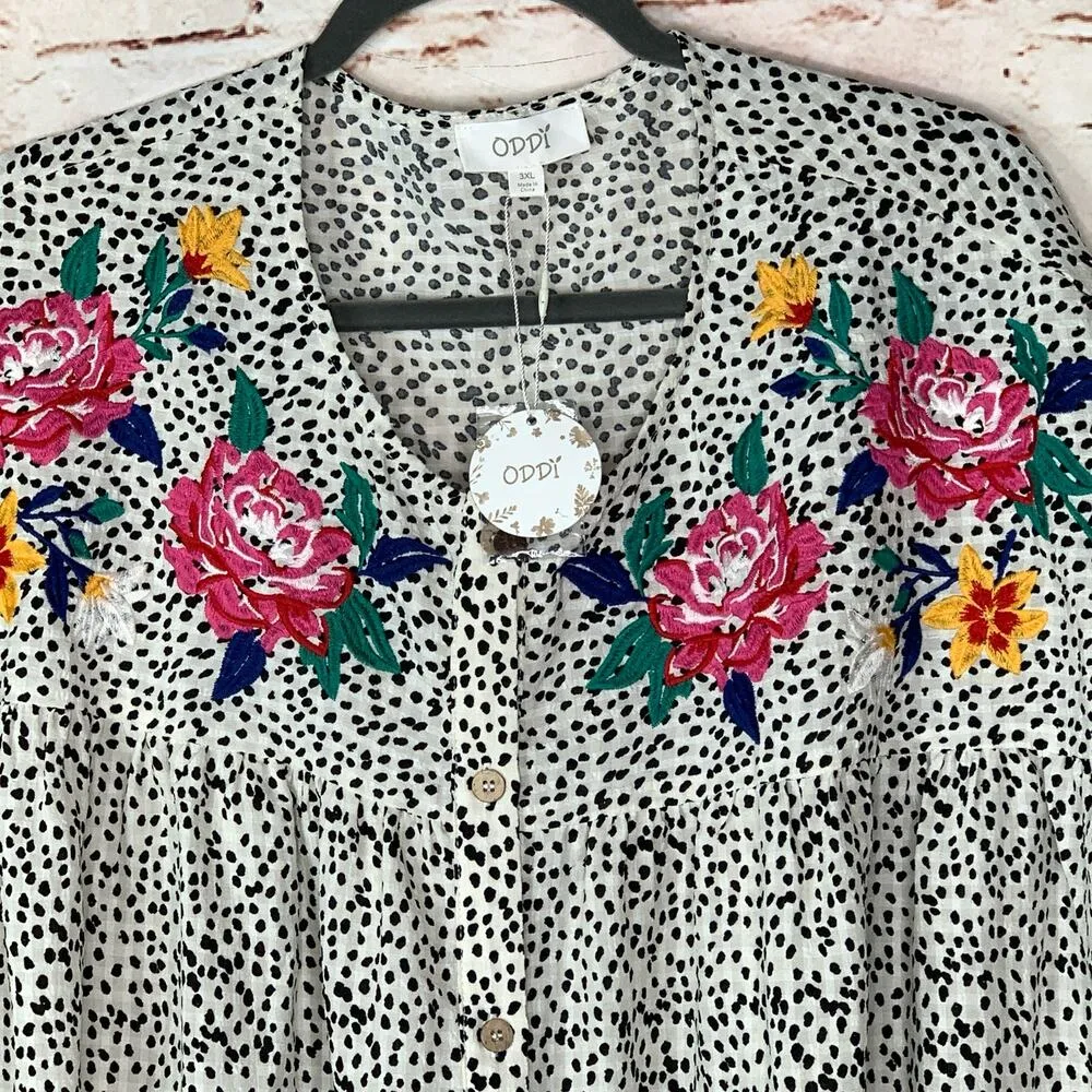 ODDI Bubble Hem Blouse Floral Embroidered Elastic Waist Size 3XL Blouse Top - Image 5
