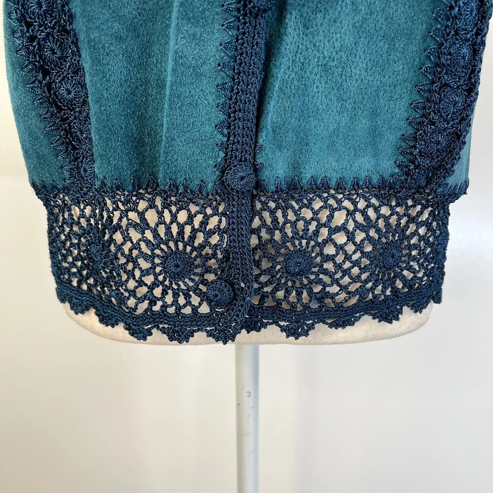 Vintage Crochet Leather Patchwork Vest Scully's Teal Waistcoat Boho Blue Size L - Image 5