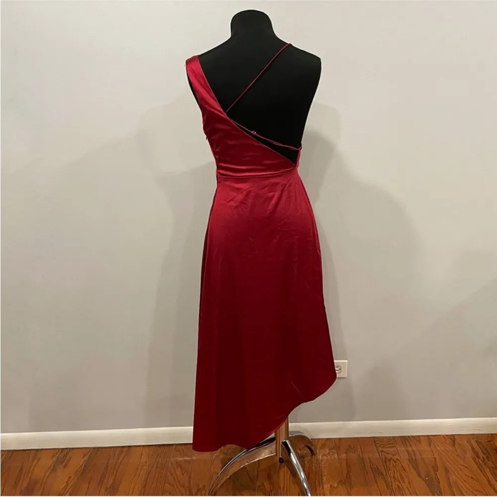 Lulus Sereno Wine Satin Cowl Neck Asymmetrical Midi Dress Small S - Image 6