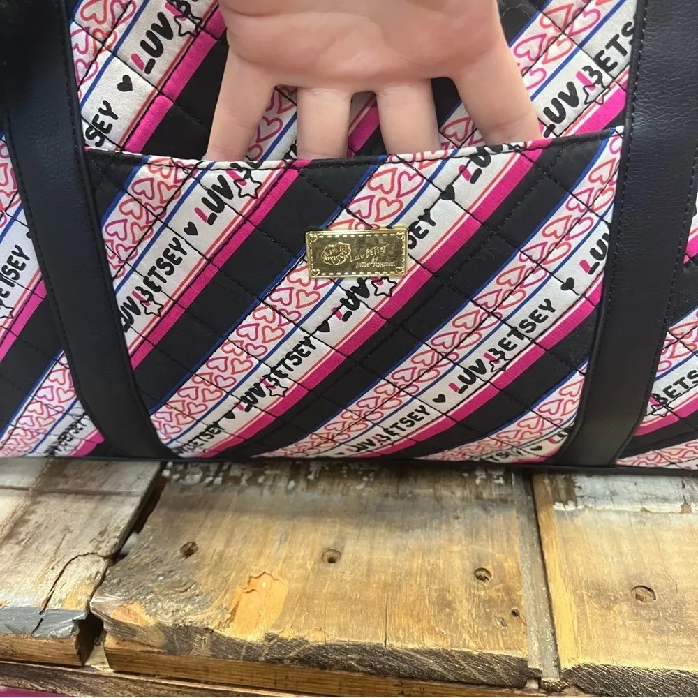 Betsey Johnson Luv Betsey Striped Quilted Duffel Bag With Pom Charm 18x12 - Image 11
