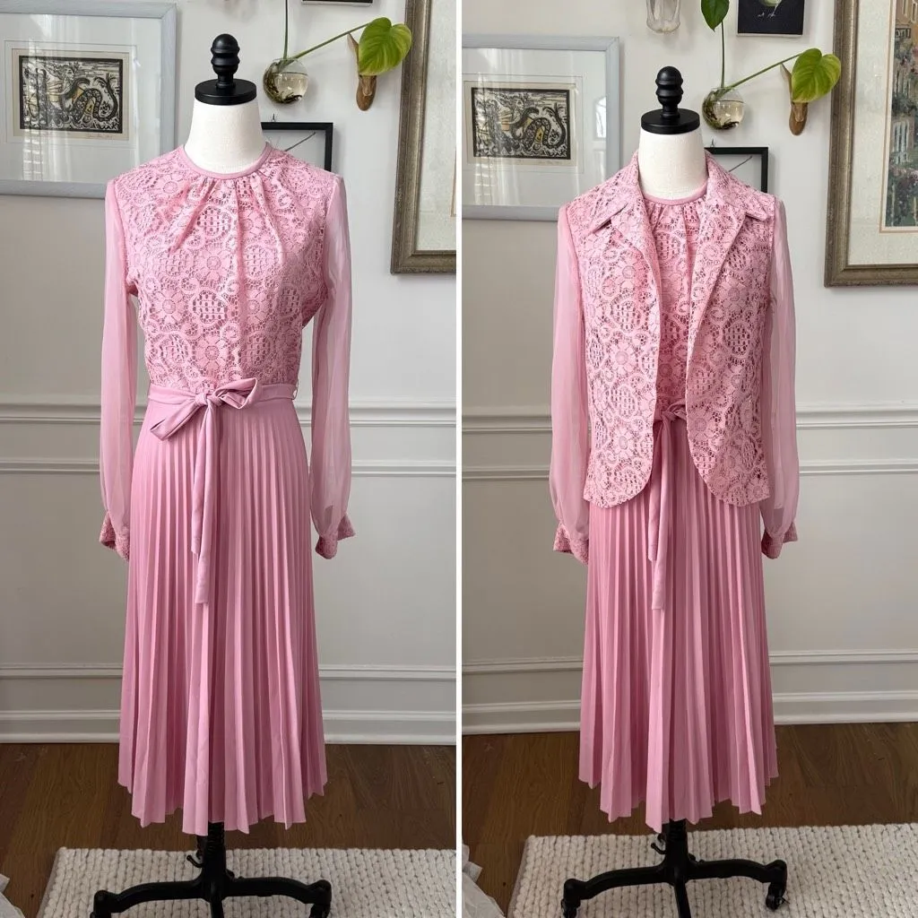 Vintage 70s Mister Jay Pink 2pc Dress and Vest S M Size 6 - Image 2