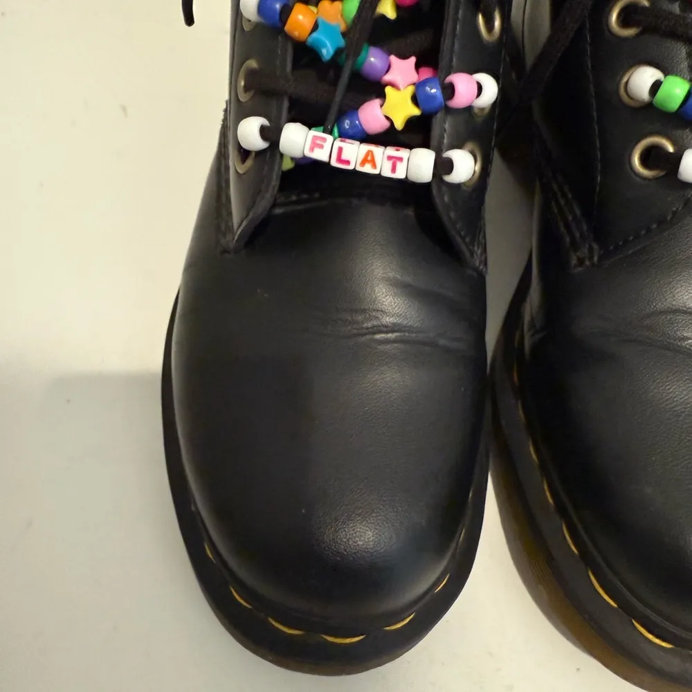Dr Martens Docs 14045 Black Vegan Leather Combat Boots Rainbow Beaded Laces 8 - Image 3