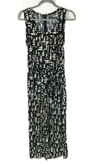 H by Halston Regular Printed Jet Set Jersey Crop Wide-Leg Jumpsuit Black Ivory S - Image 1