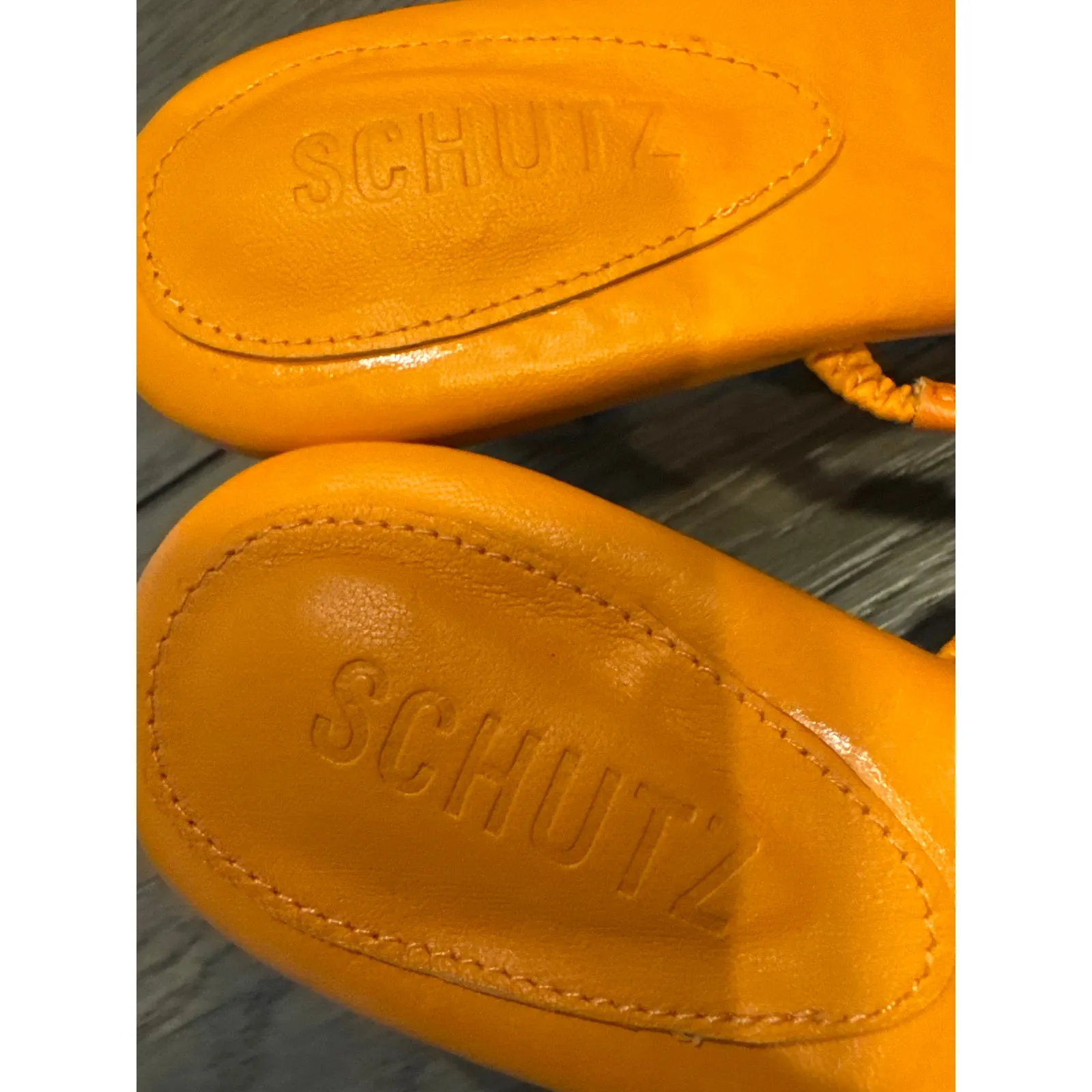 SCHUTZ 'AGATHA' Bright Tangerine Leather, Square Toe Chrome Heels Dress Sandal 9 - Image 5