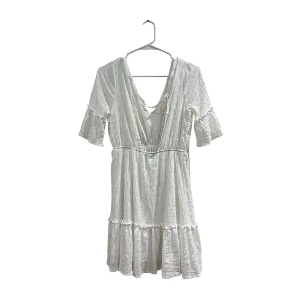 Lulus White v-neck Mini Dress M Short Sleeve Ruffle Summer Casual - Image 2