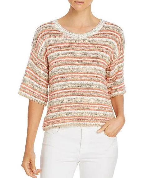 REBECCA TAYLOR Women multi-color gold shimmer stripe short sleeve knit top small - Image 1
