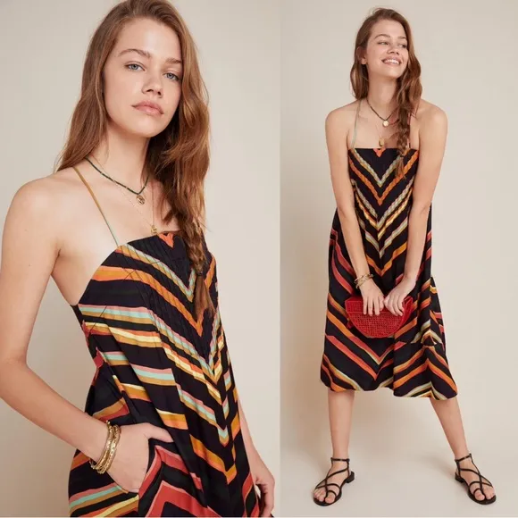 Anthropologie • Runi Chevron Slip Dress midi a-line striped cross back black - Image 2